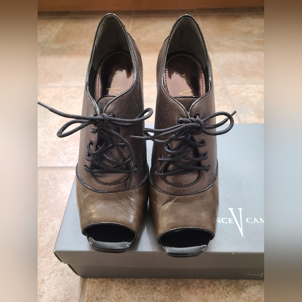 Vince Camuto Brown Lace-Up Peep Toe Boots